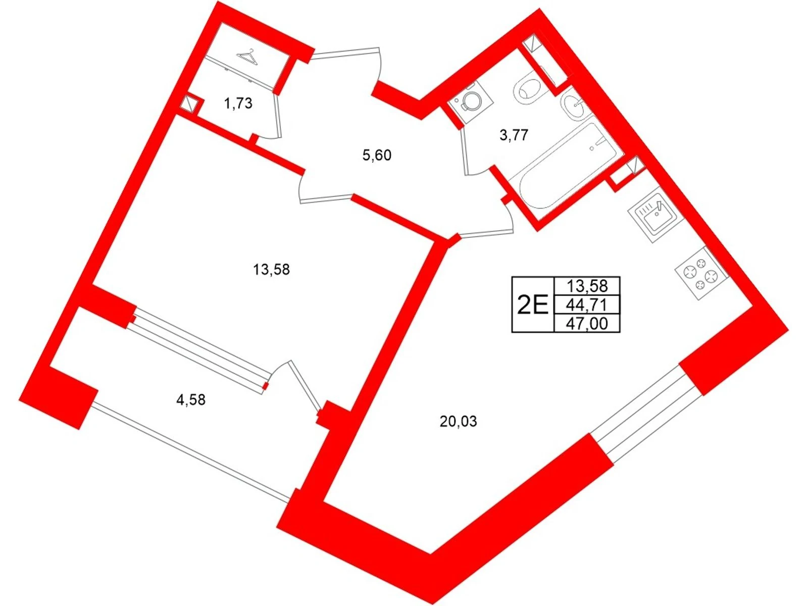 Планировка 2-комнатная 44,7 м² в жилом комплексе «Аристократ» — Жилой комплекс «Аристократ»