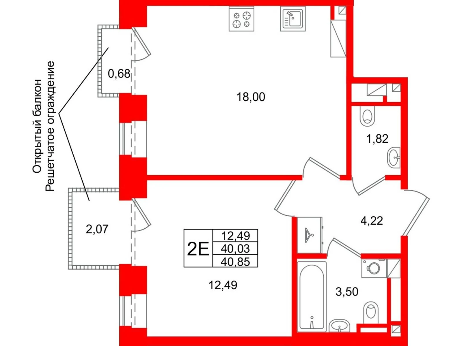 Планировка 2-комнатная 40 м² в жилом комплексе «Аристократ» — Жилой комплекс «Аристократ»
