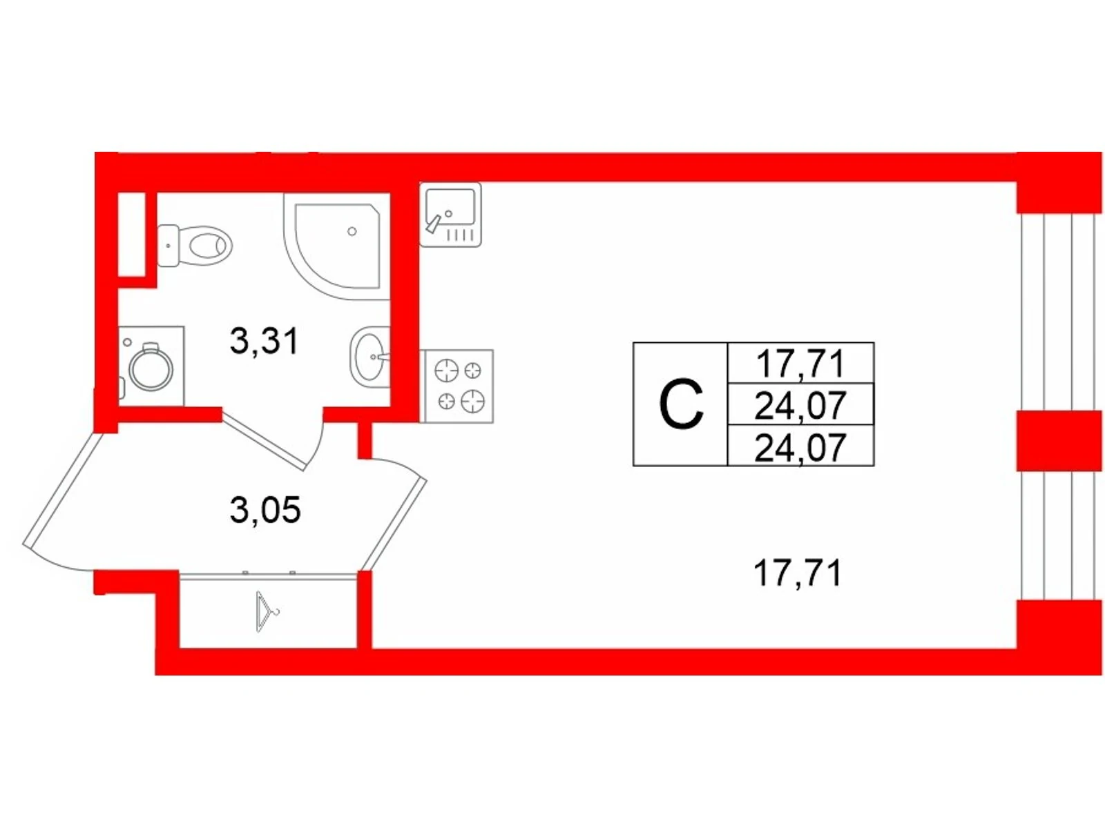 Планировка студия 24,1 м² в жилом комплексе «Аристократ» — Жилой комплекс «Аристократ»