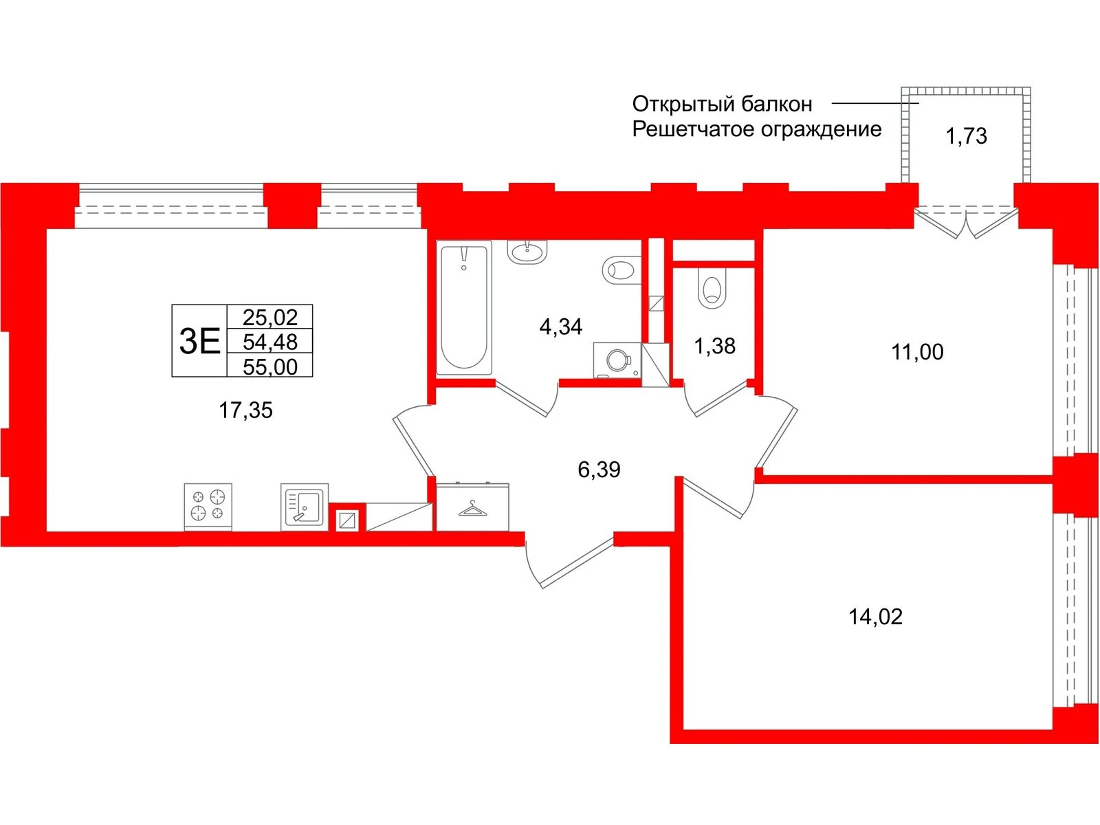 Планировка 3-комнатная 54,5 м² в жилом комплексе «Аристократ» — Жилой комплекс «Аристократ»