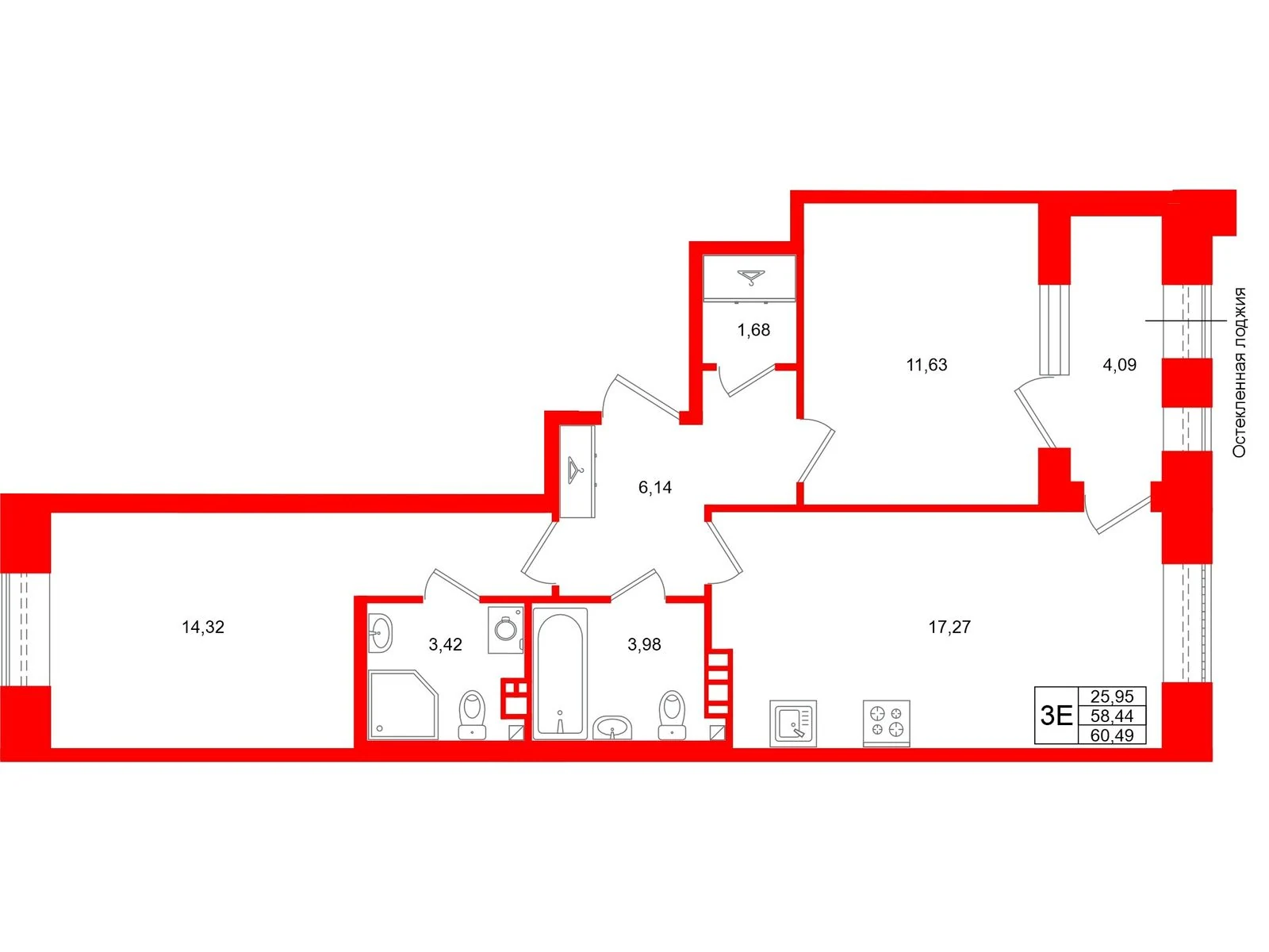 Планировка 3-комнатная 58,4 м² в жилом комплексе «Аристократ» — Жилой комплекс «Аристократ»