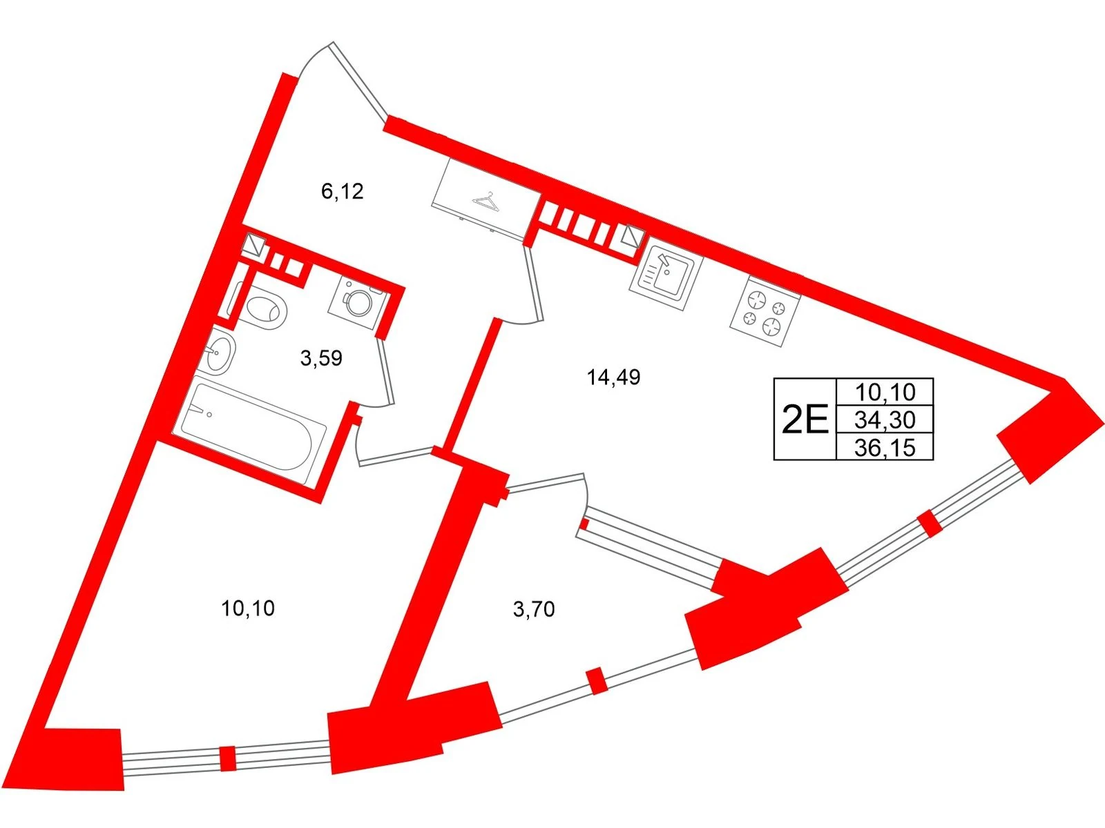 Планировка 2-комнатная 34,3 м² в жилом комплексе «Аристократ» — Жилой комплекс «Аристократ»