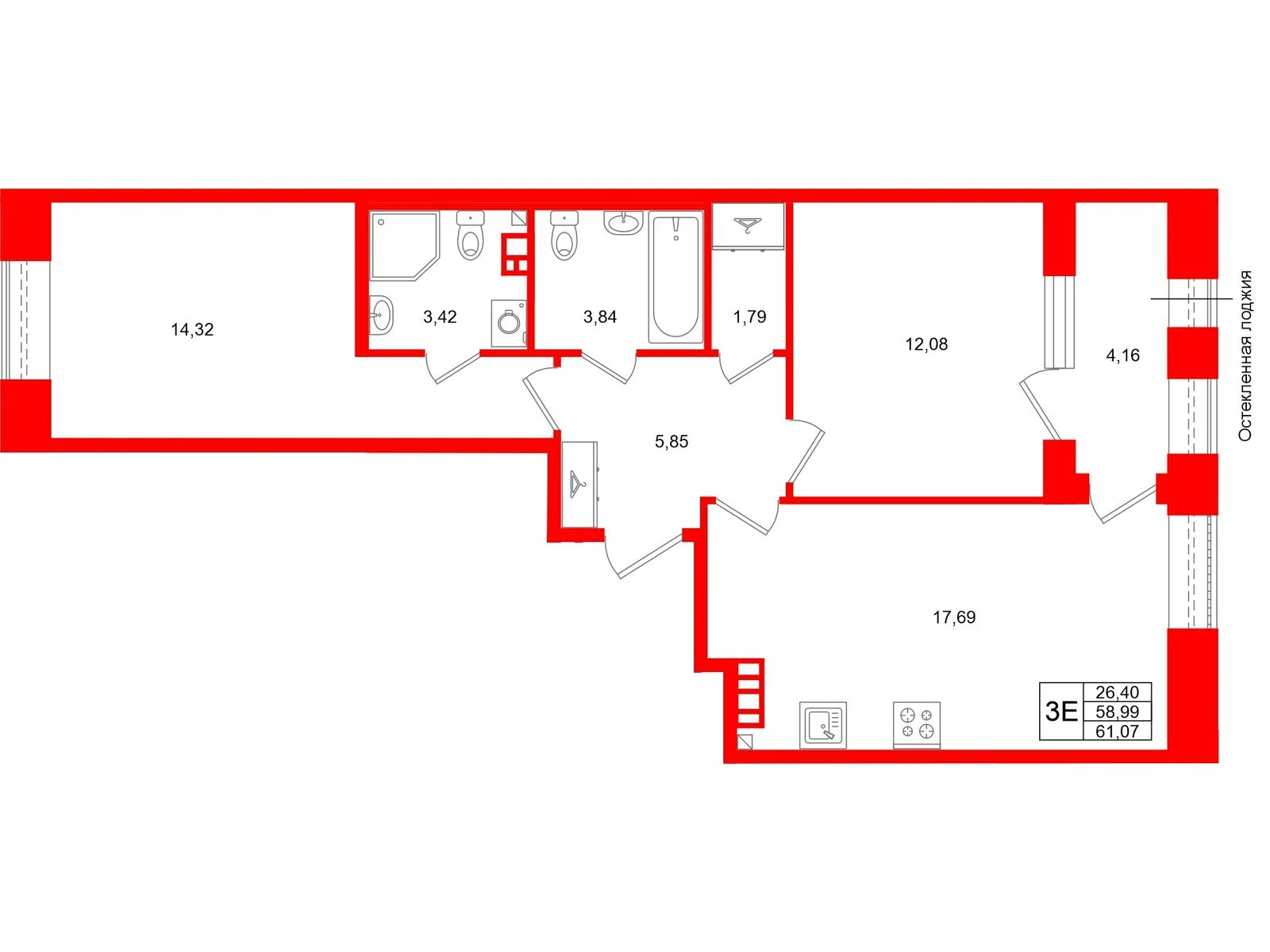 Планировка 3-комнатная 59 м² в жилом комплексе «Аристократ» — Жилой комплекс «Аристократ»