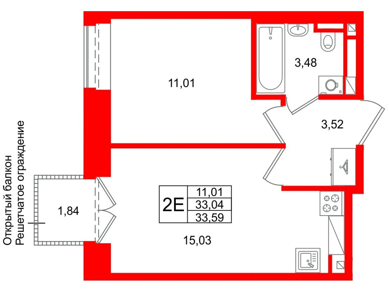 Планировка 2-комнатная 33 м² в жилом комплексе «Аристократ» — Жилой комплекс «Аристократ»