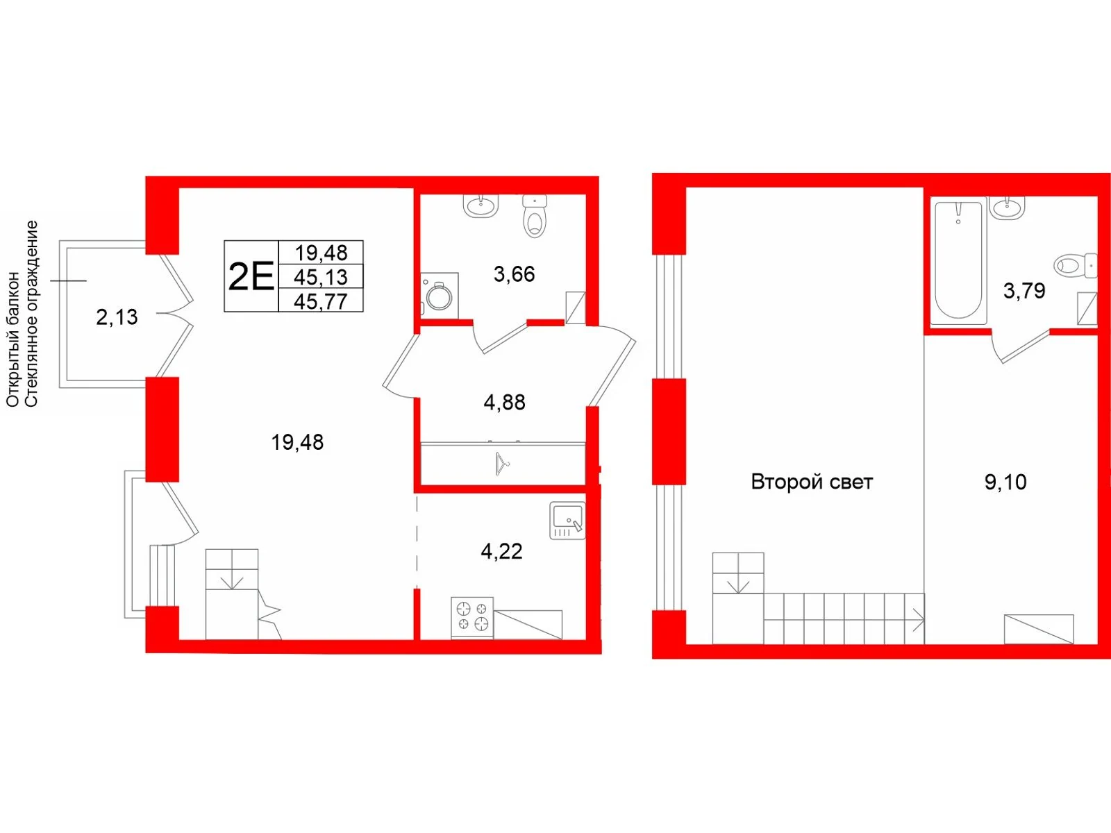 Планировка 2-комнатная 45,1 м² в жилом комплексе «Аристократ» — Жилой комплекс «Аристократ»