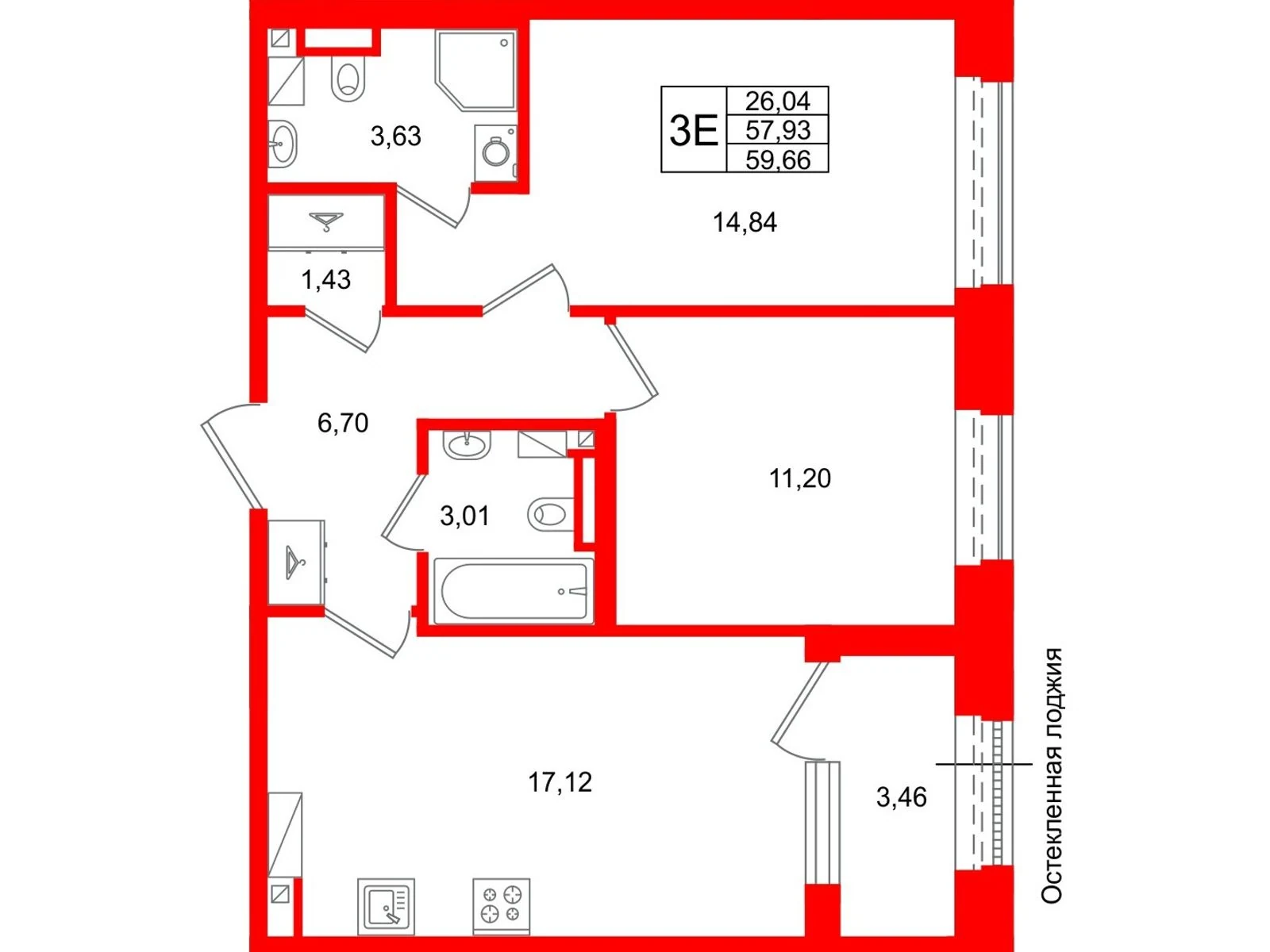 Планировка 3-комнатная 57,9 м² в жилом комплексе «Аристократ» — Жилой комплекс «Аристократ»
