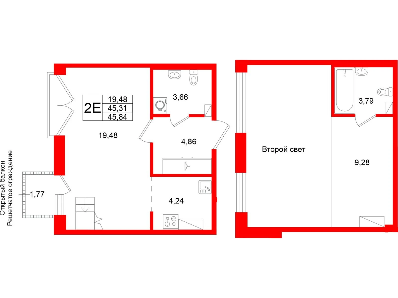 Планировка 2-комнатная 45,3 м² в жилом комплексе «Аристократ» — Жилой комплекс «Аристократ»